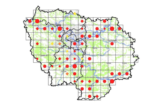 Carte de nidification de l’Hirondelle de rivage Riparia riparia en Île-de-France (issue de l’Atlas des oiseaux nicheurs d’Ile-de-France, 2009-2014). En rouge les nicheurs certains, en orange les nicheurs probables et en jaune les nicheurs possibles. Les cercles concentriques donnent une idée des effectifs nicheurs par maille du quadrillage : de 1 à 10 couples pour les petits cercles, de 11 à 100 pour les plus grands cercles, des losanges lorsqu’il n’y a pas eu de dénombrement.